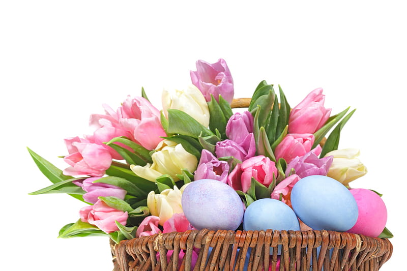 Full of Easter , shine, easter, lavender, soft pink, floral, jesus, love, siempre, tulips, blue, desenho, bouquet, warmth, basket, entertainment, eggs, fashion, soft yellow, HD wallpaper