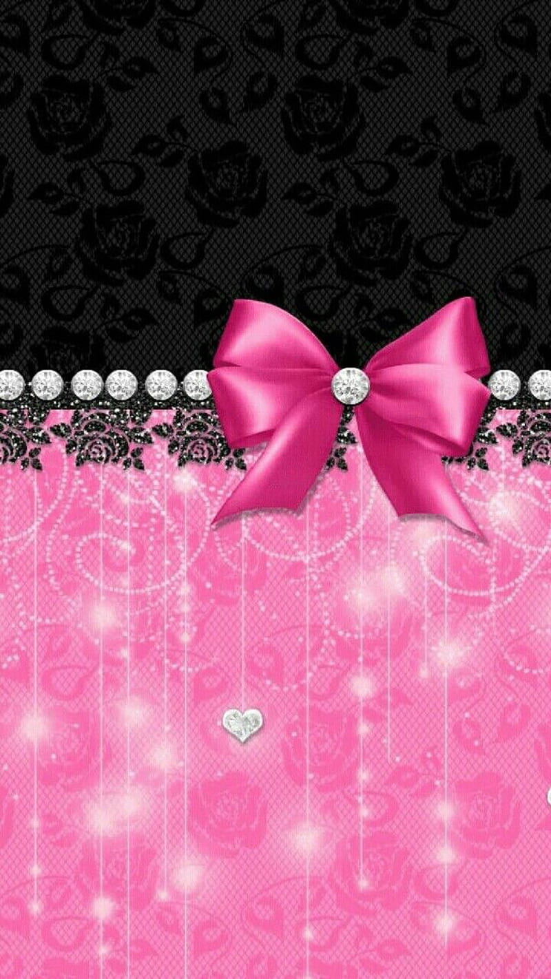 bow, black, cute, diamonds, lace, pattern, pink, HD phone wallpaper