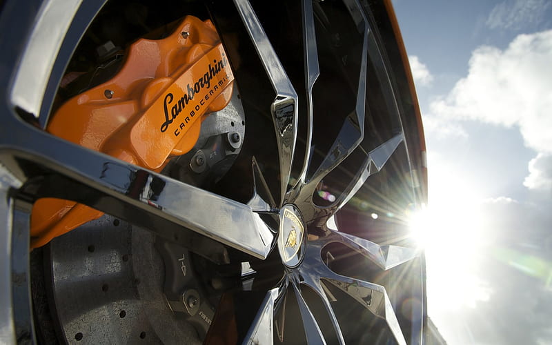 Lamborghini wheels brake, caliper, wheel disks, bright sun, HD wallpaper