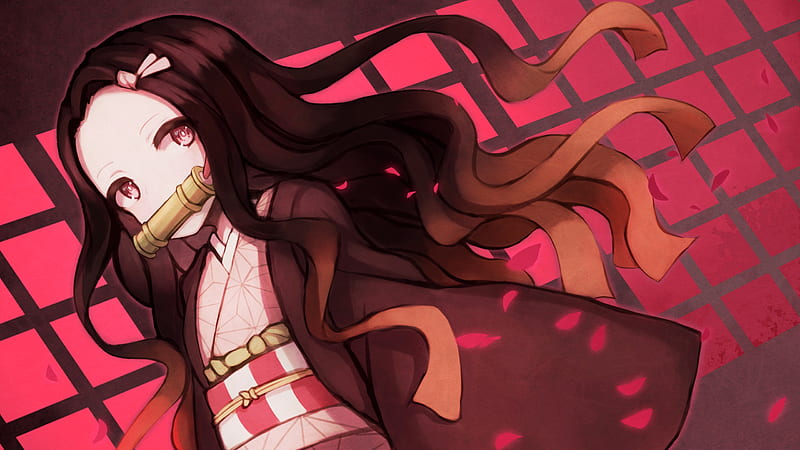 Demon Slayer Nezuko Kamado With Long Hair With Background Of Red And Black Line Window Anime, HD wallpaper