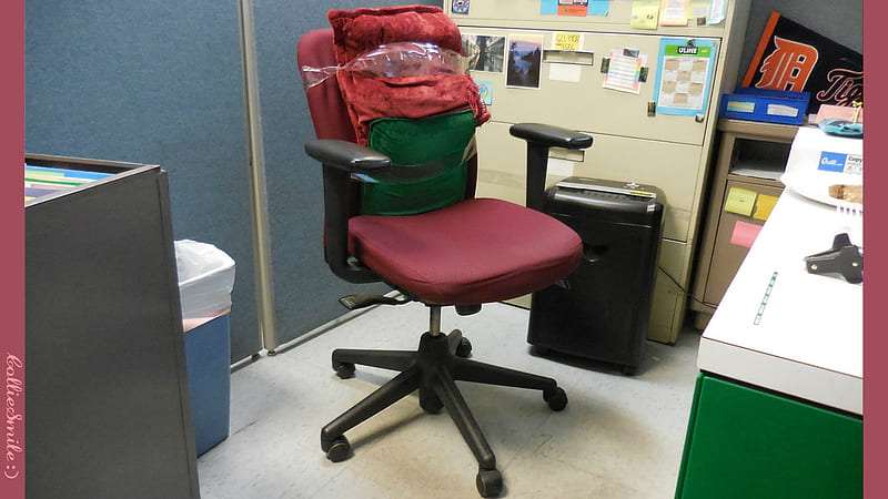 My Glorious Reupholstered Chair :P :D, crimson red, desk, chair, reupholstered, office, Files, cushions, Detroit Tigers Banner, green, packing tape, pillows, HD wallpaper