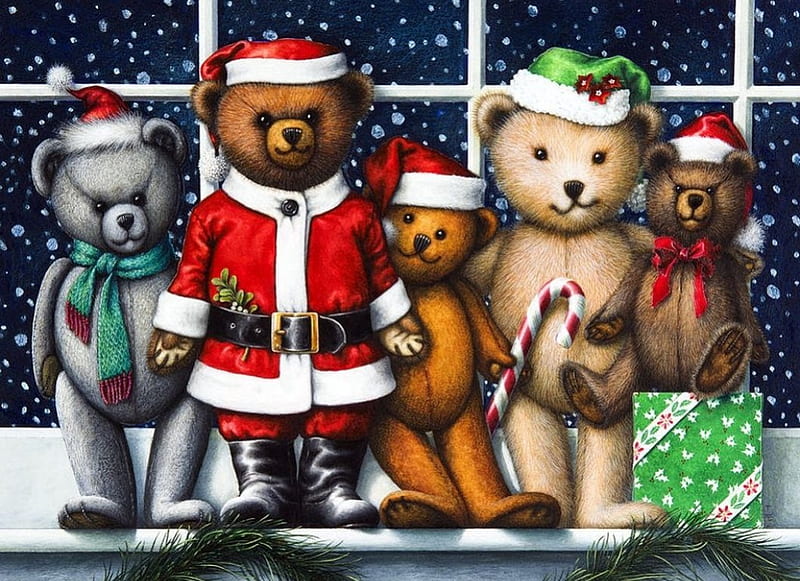 Christmas Bears, santa, teddybears, painting, funny, artwork, HD wallpaper