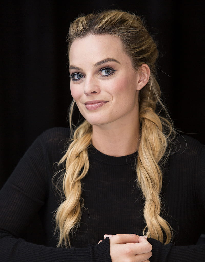 Margot Robbie, actress, celebrity, blonde, women, smiling, french braided pigtails, braided hair, portrait display, black background, HD phone wallpaper