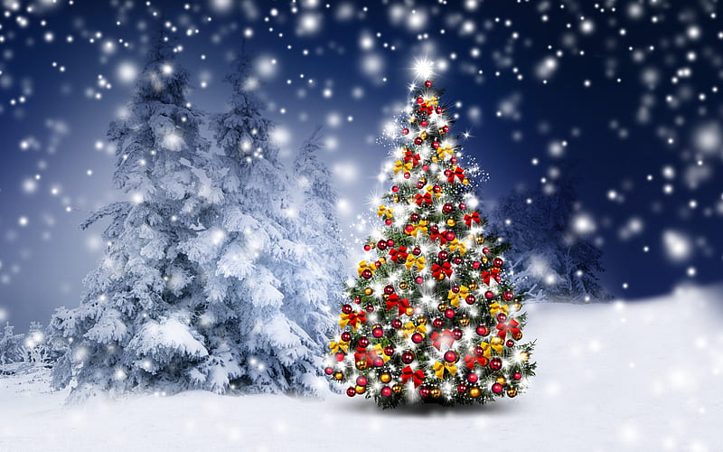 Merry Christmas, winter, new year, snow, forest, Christmas tree, Xmas, HD wallpaper