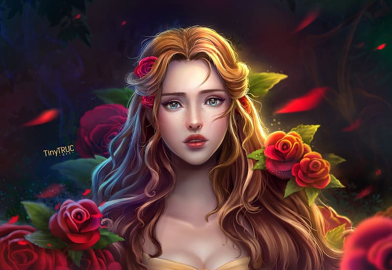 Belle, princess, beauty and the beast, art, rose, tinytruc, fantasy, flower, red, yellow, face, tiny truc, HD wallpaper