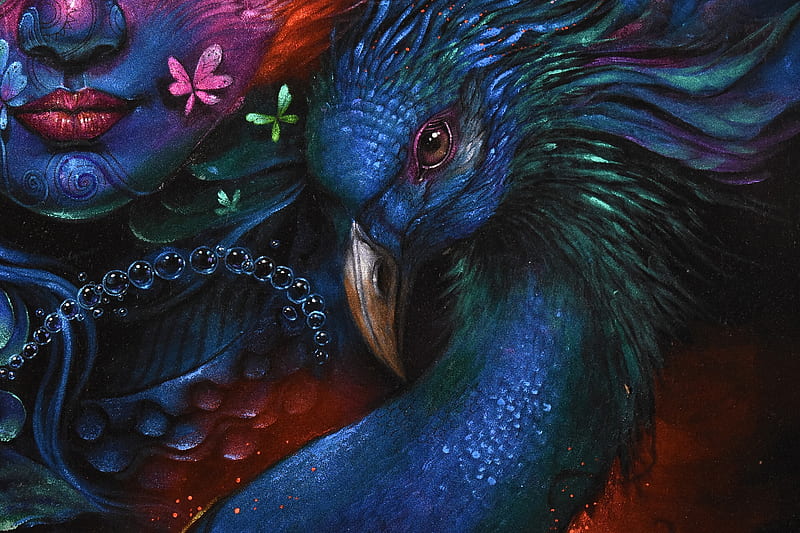 Peacock, paun, pasari, blue, ramesh acharya, art, frumusete, luminos, detail, nature heals, fantasy, bird, HD wallpaper