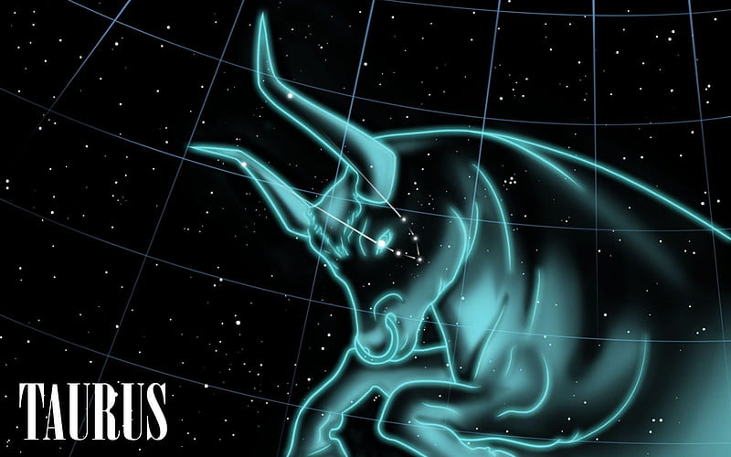 Zodiac ~ Taurus, stars, black, zodiac, sky, ox, animal, horns, green, taurus, bull, blue, HD wallpaper