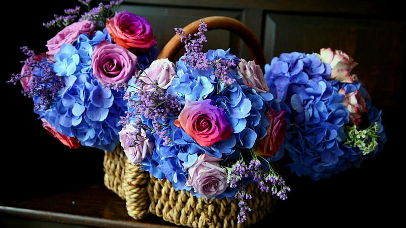 Blue basket, willow, basket, flowers, roses, blue, HD wallpaper