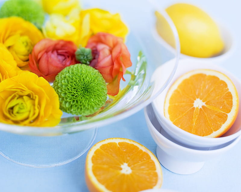 Citrus n flowers, fruit, citrus, flowers, roses, bowls, lemon, oranges, mums wedges, HD wallpaper