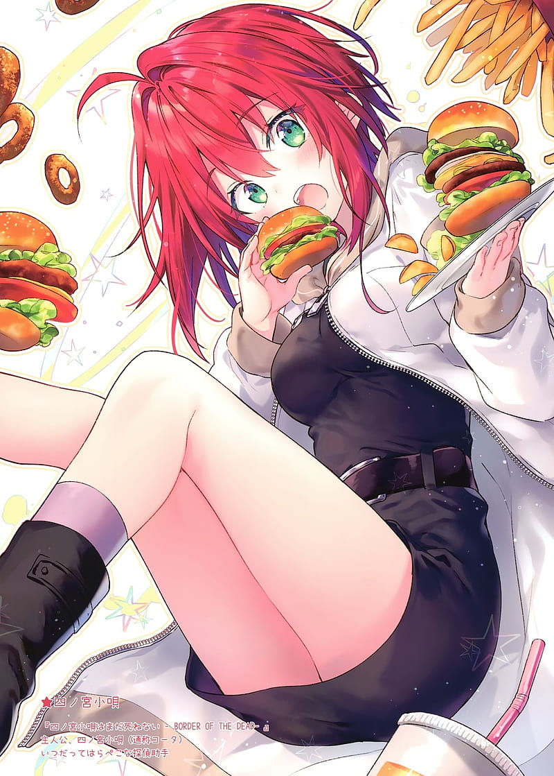 anime, anime girls, redhead, green eyes, hamburgers, anime girls eating, HD phone wallpaper