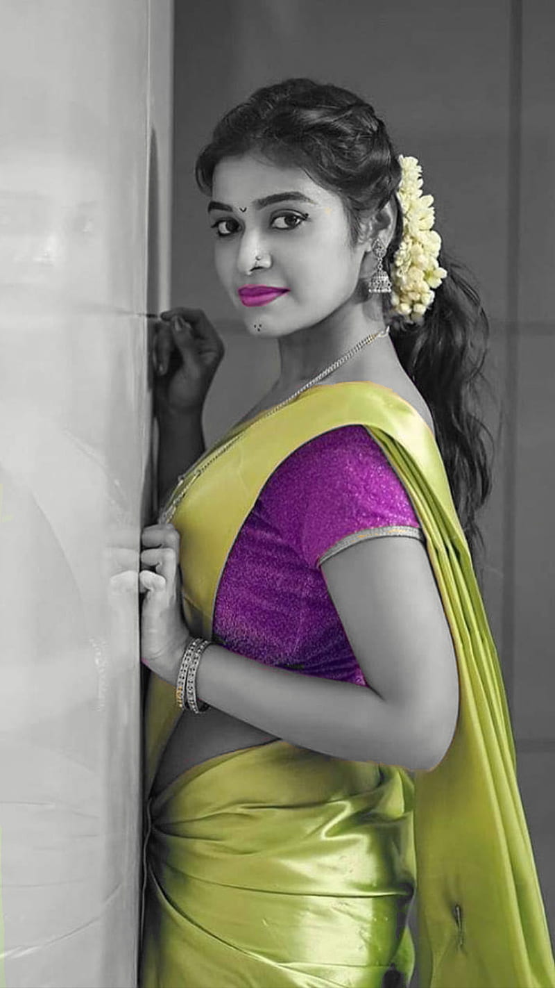 Dharsha, black and white, bonito, beauty, black and white, celebrity, gupta, indian, purple, saree, yellow, HD phone wallpaper