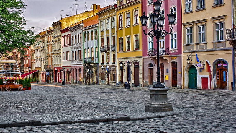 old town street with colorful facades r, colorful, facades, lamps, cobblestones, street, HD wallpaper