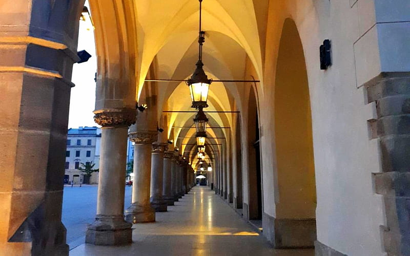 Archway in Krakow, Poland, lanterns, columns, archway, Krakow, Poland, market, HD wallpaper
