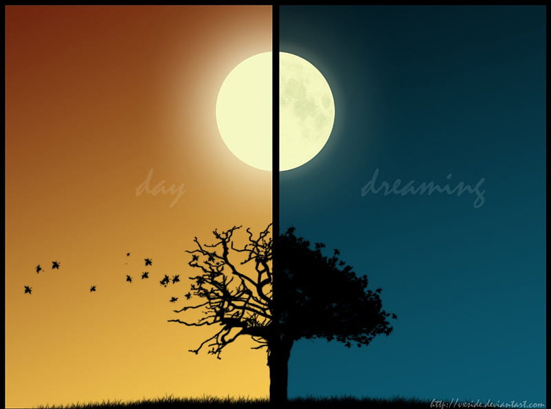 Day-Dreaming, art, silhouette tree, sun, halved, golden, moon, day, blue, night, HD wallpaper