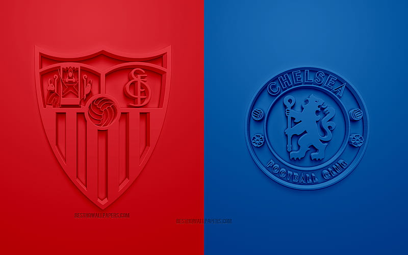 Sevilla FC vs Chelsea FC, UEFA Champions League, Group E, 3D logos, red blue background, Champions League, football match, Chelsea FC, Sevilla FC, HD wallpaper