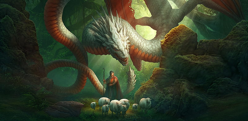 Amphiptere, fantasy, luminos, kerembeyit, man, dragon, art, orange, sheep, kerem beyit, green, HD wallpaper