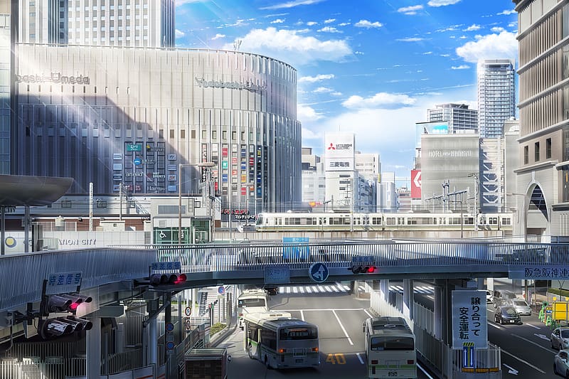 Anime, City, Building, Bus, HD wallpaper