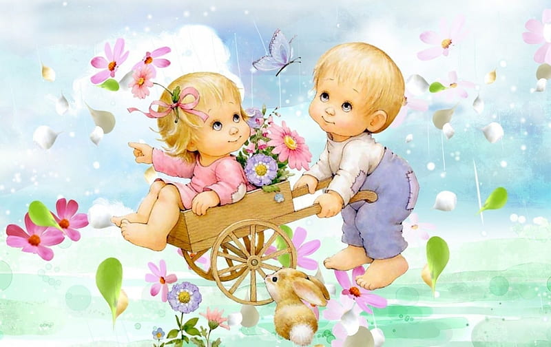 Innocent love, rabbit, spring, valentine, illustration, card, cute, boy,  butterfly, HD wallpaper | Peakpx