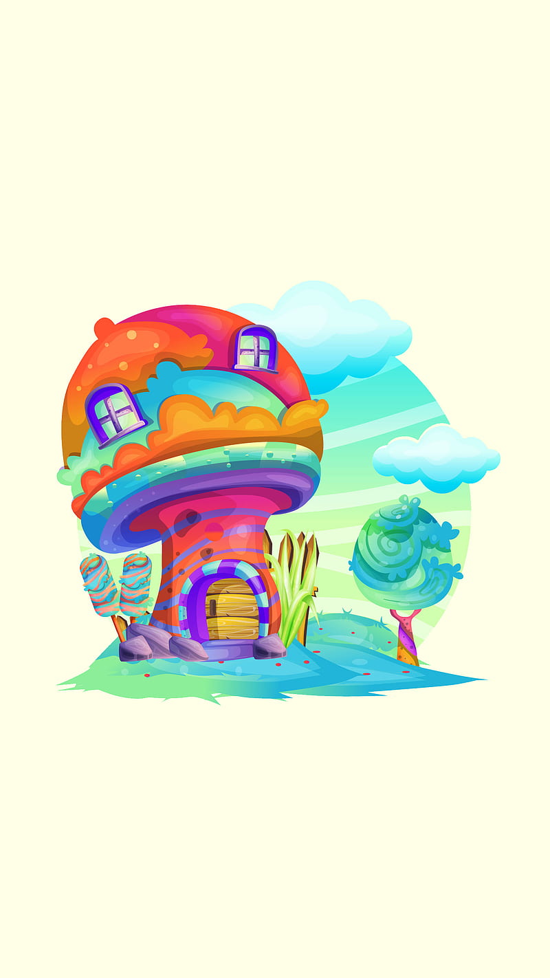 Neon Mushroom, Candyland, Kiss, candy, cloud, cute, elf, fairy, girly, little, small, tiny, tree, HD phone wallpaper