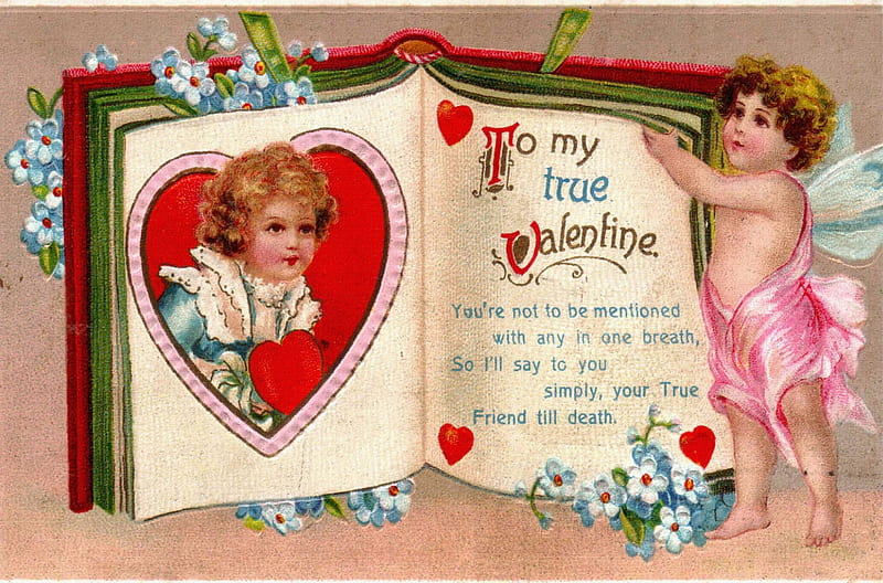 To My True Valentine, valentine day, holiday, angel, heart, flowers, vintage, HD wallpaper