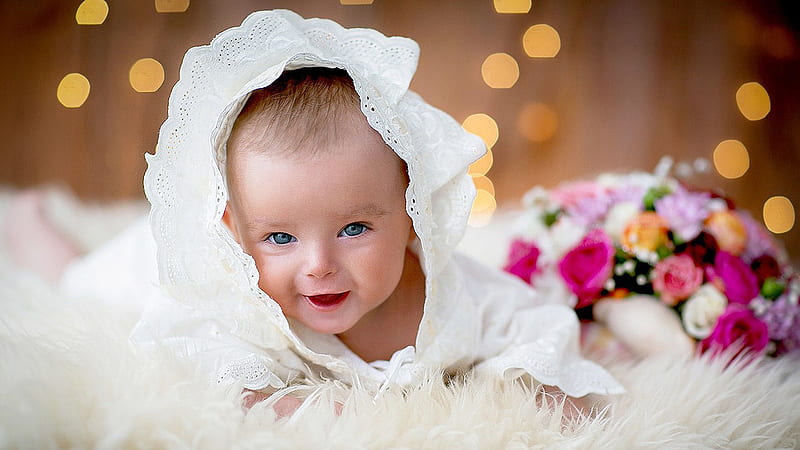 Smiley Cute Baby Child Is Wearing White Dress Lying Down On Fur Cloth In Yellow Lights Bokeh Background Cute, HD wallpaper