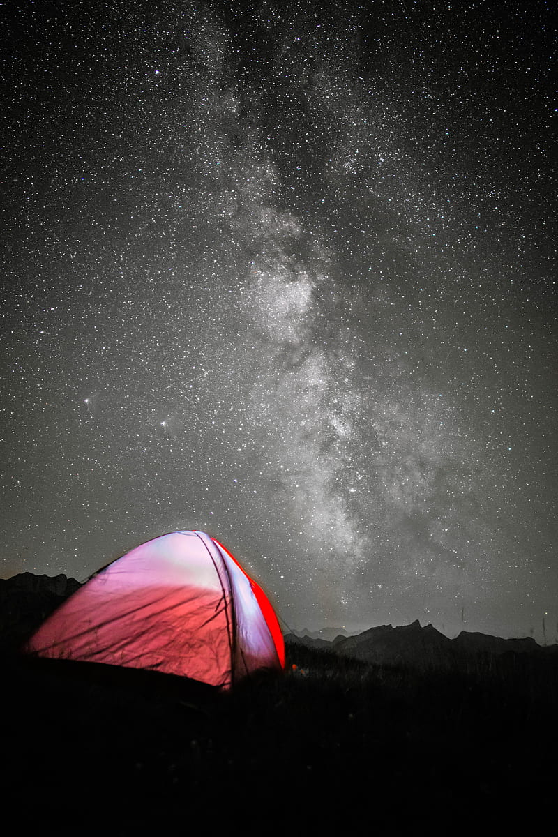 tent, camping, night, stars, starry sky, HD phone wallpaper