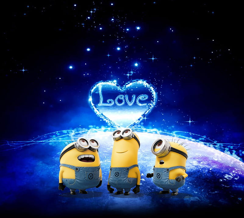 love minions, blue, cute, heart, sky, stars, valentine, HD wallpaper