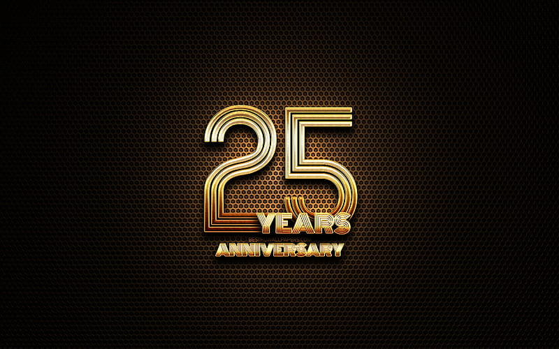 25th anniversary, glitter signs, anniversary concepts, grid metal background, 25 Years Anniversary, creative, Golden 25th anniversary sign, HD wallpaper
