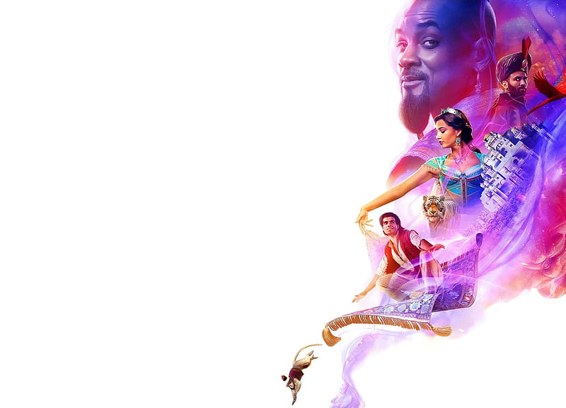Aladdin (2019), jasmine, poster, aladdin, movie, white, pink, disney, actor, genie, HD wallpaper