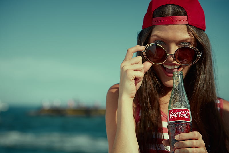 Beauty, red, bottle, smile, hat, sunglasses, add, summer, coca cola, commercial, HD wallpaper
