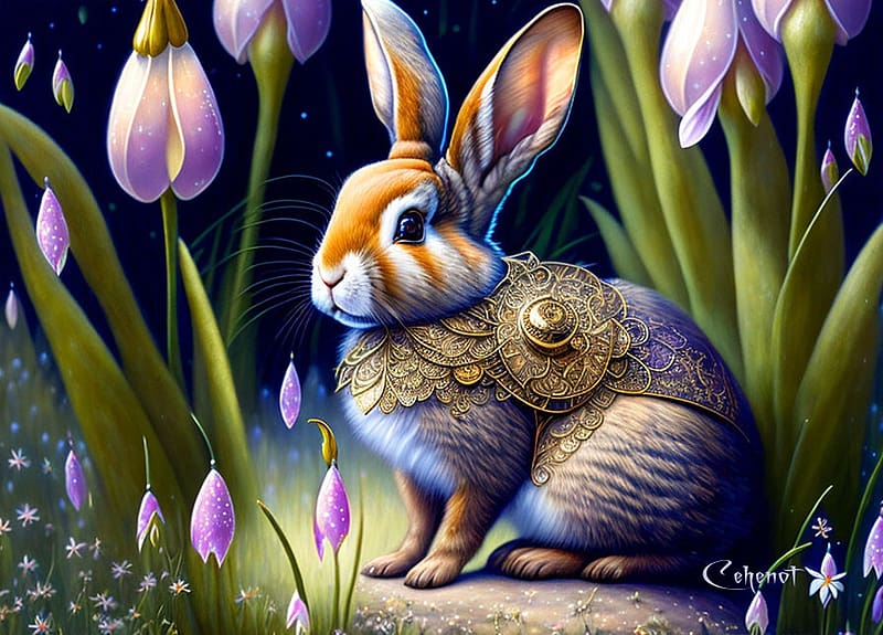  Conejito, conejo, por cehenot, arte, copos de nieve, lindo, primavara, primavera, Fondo de pantalla HD