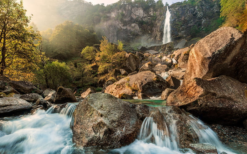 mountain waterfall, cascades, mountain river, evening, sunset, water, stones, lake, HD wallpaper