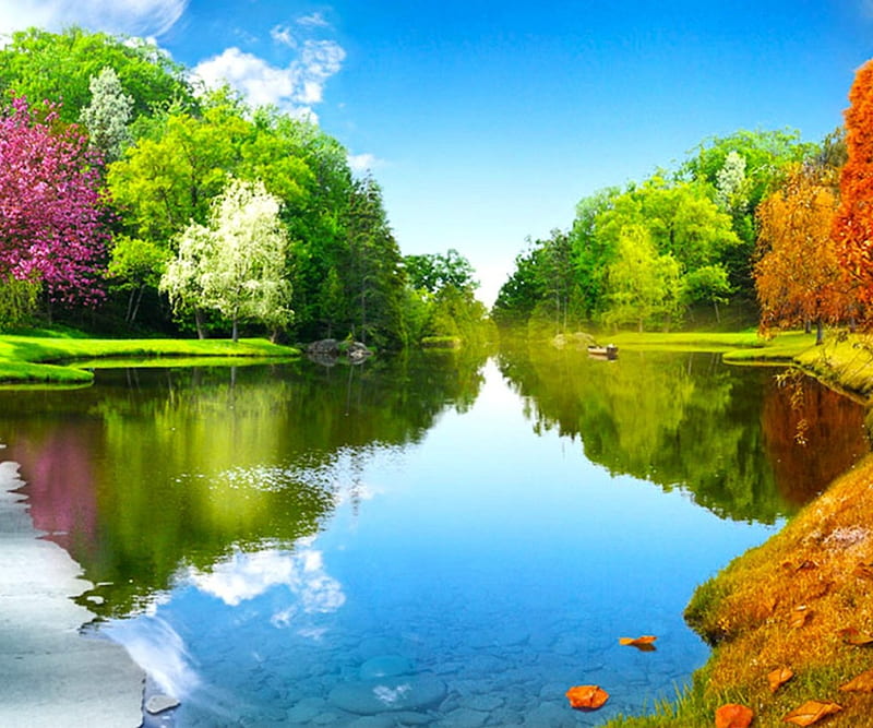 Four Seasons, water, Summer, Spring, blue sky, reflections, Autumn, Winter, HD wallpaper
