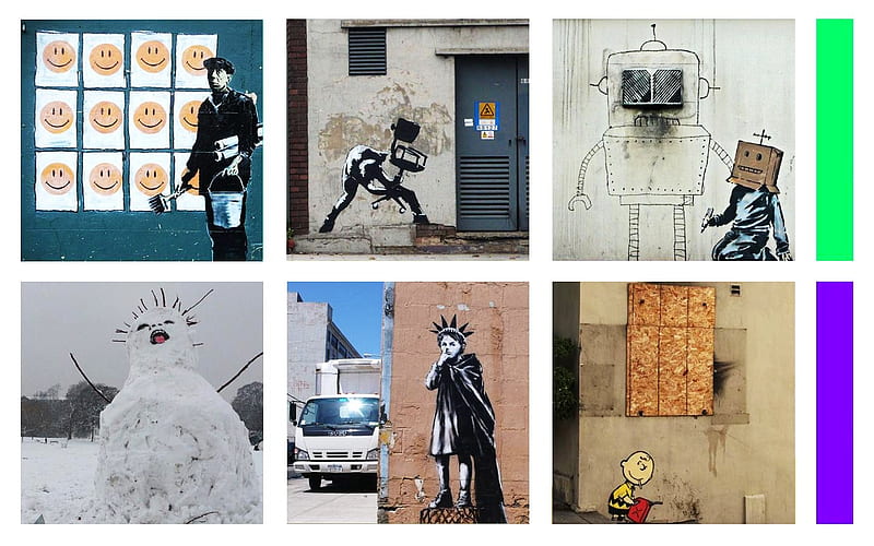 Banksy Collage, art, banksy, brown, smiley, charlie, graffiti, collage, snowman, liberty, box head, the clash, HD wallpaper