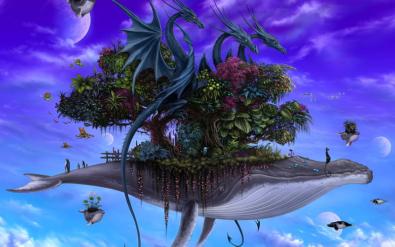 Dragons of whale, tree, fantasy, purple, luminos, whale, dragon, blue, HD wallpaper