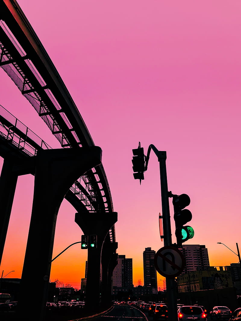 city, traffic, sunset, traffic light, sky, HD phone wallpaper