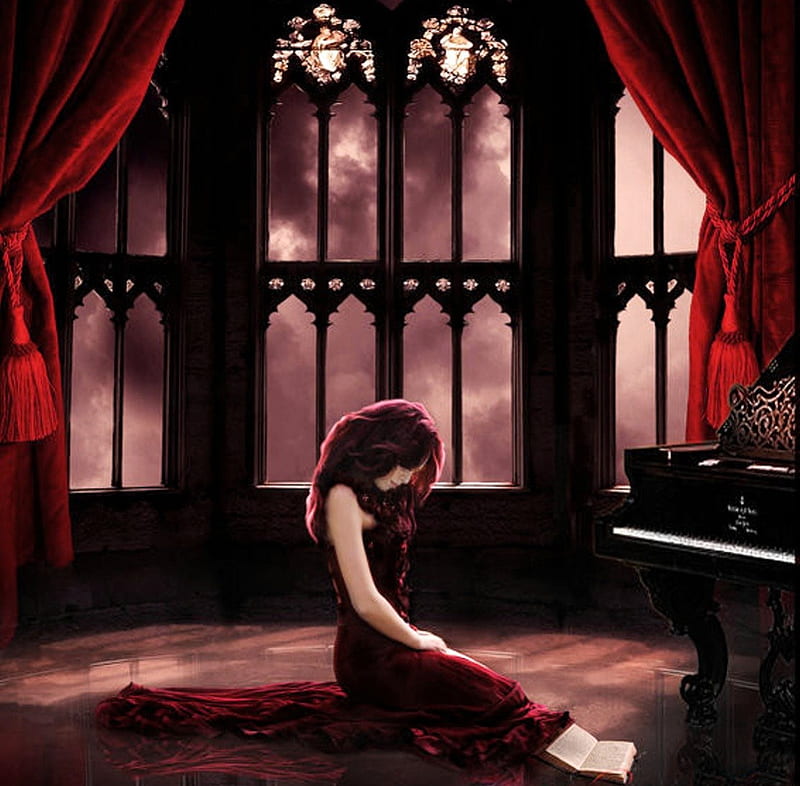 Piano red room, red, music, sad, room, woman, HD wallpaper
