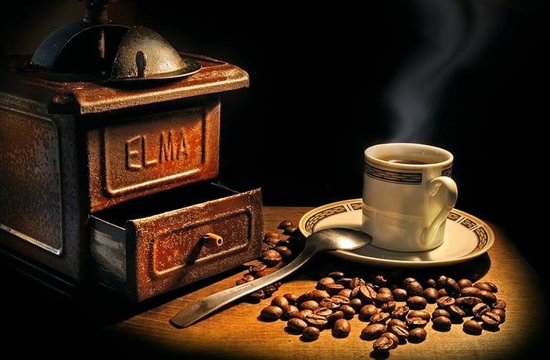 coffee grinder, coffee, spoon, beans, cup, grinder, HD wallpaper