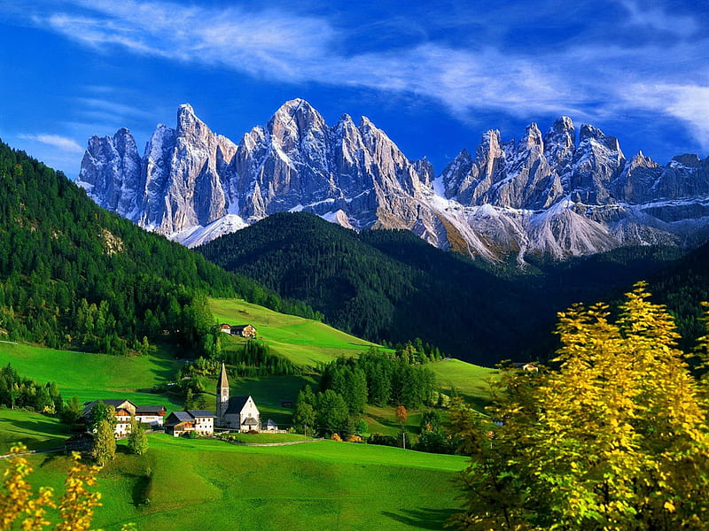 Mountain houses, pretty, cottages, grass, Italy, bonito, clouds, snowy, nice, green, village, peaks, hills, lovely, view, houses, greenery, church, sky, trees, summer, nature, HD wallpaper