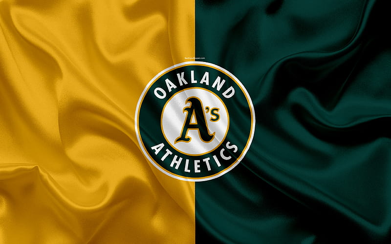 Oakland Athletics logo, silk texture, american baseball club, green yellow flag, emblem, MLB, Auckland, California, USA, Major League Baseball, HD wallpaper