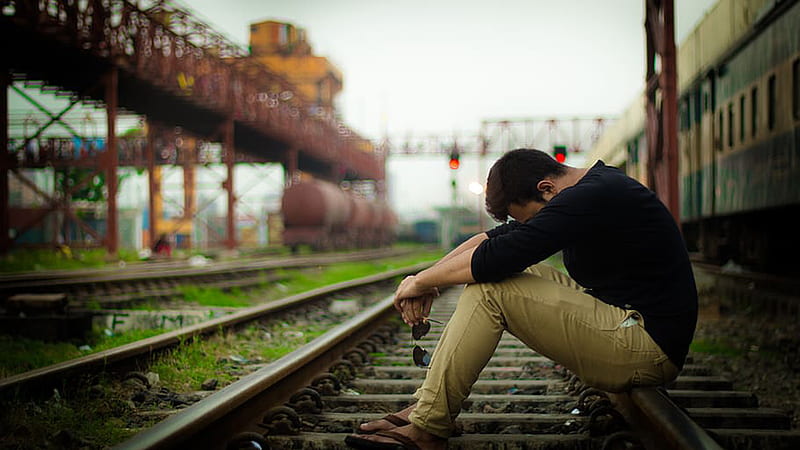 Sad Looking Man Is Sitting Alone On Railway Track Wearing Black Brown Dress Depression, HD wallpaper