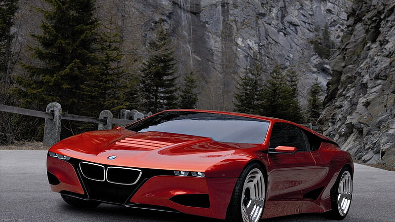 bmw m1 homage concept car, red, concept, cliffs, car, valley, HD wallpaper