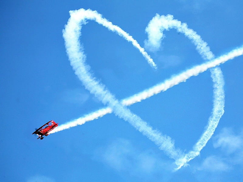 MY HEART TAKES FLIGHT, jetstreams, romance, valentine, planes, clouds, corazones, skies, aircraft, love, HD wallpaper