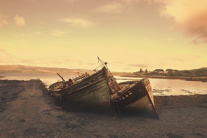 boat, shore, abandoned, HD wallpaper