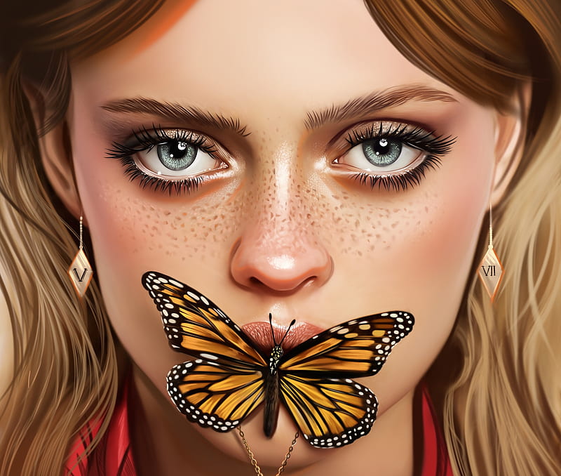 Butterfly kiss, fantasy, luminos, yasar vurdem, girl, butterfly, face, portrait, art, kiss, eyes, HD wallpaper