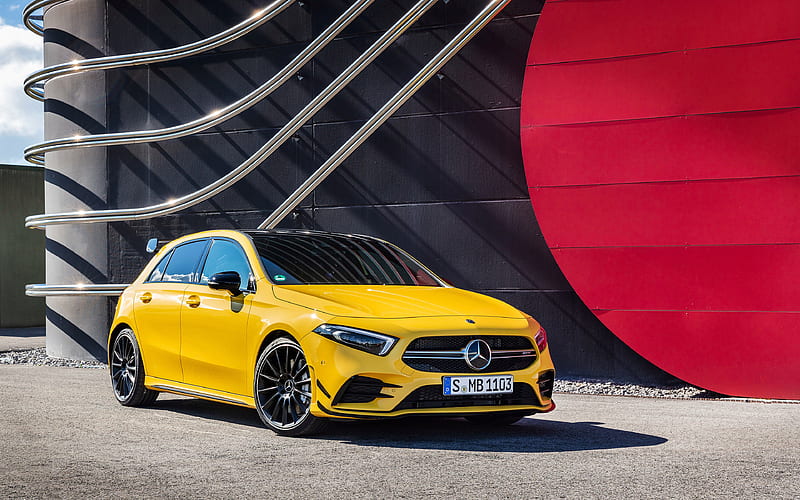 Mercedes-AMG A35, 2019 front view, yellow hatchback, tuning A35, new yellow A35, black wheels, German cars, Mercedes, HD wallpaper