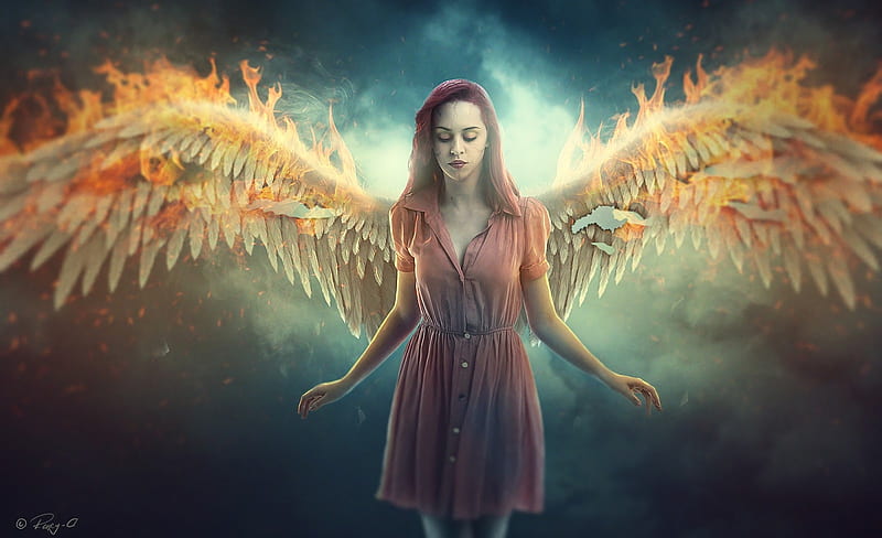 Angel, fire, fantasy, wings, girl, rafy a, creative, pink, HD wallpaper ...