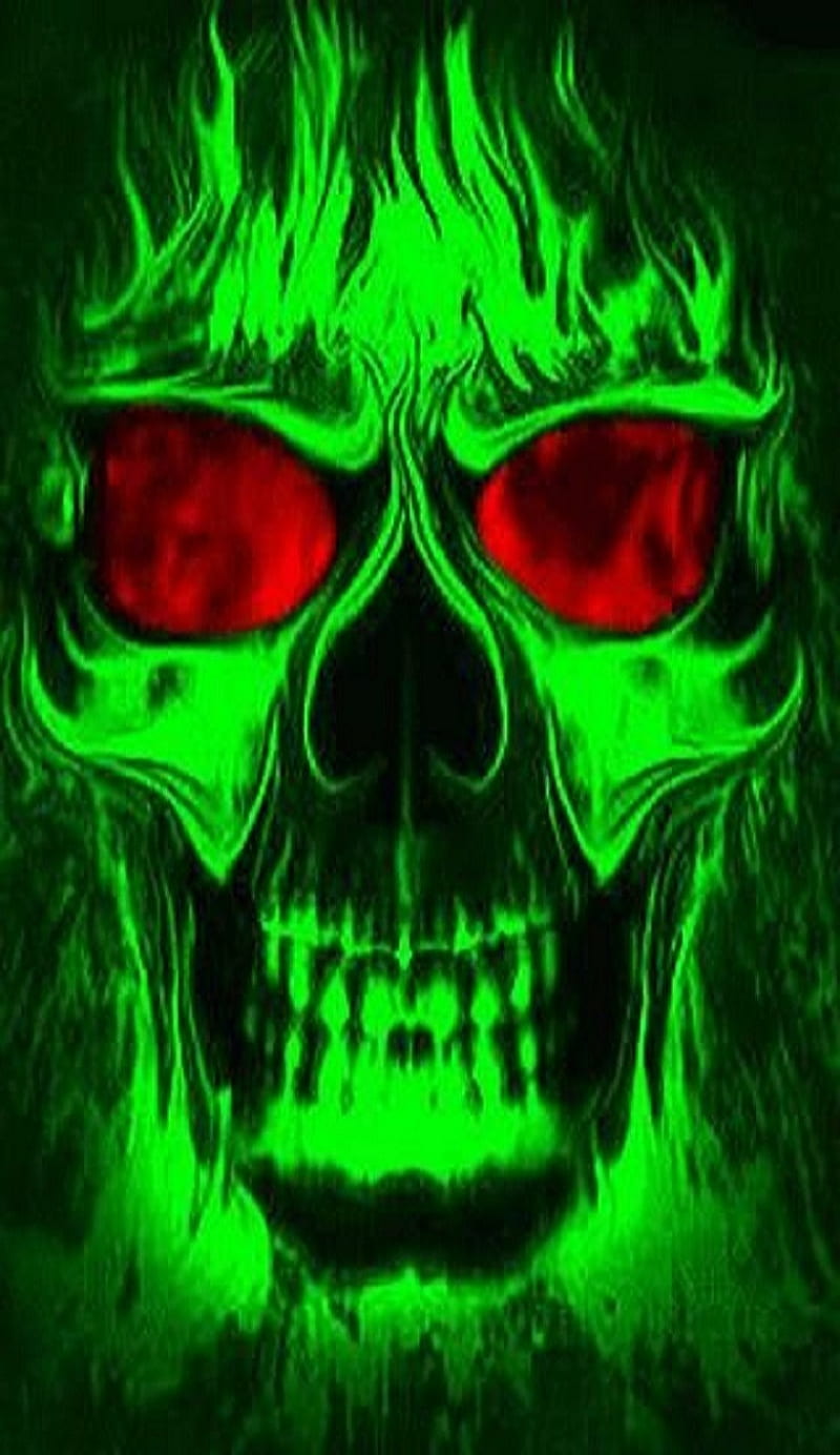 neon skull, flame, green, HD phone wallpaper