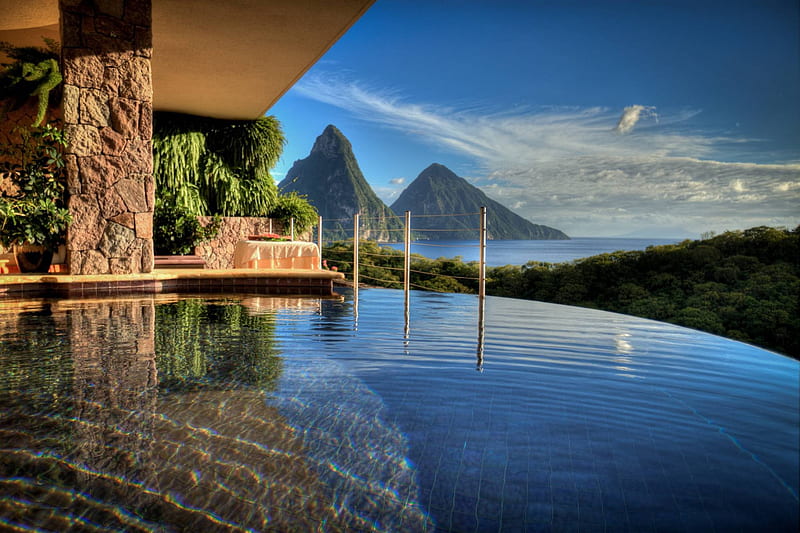 Beautiful View - St Lucia Paradise Island Caribbean West Indies, bonito, st lucia, sea, mountain, modern, room, luxury, hotel, exotic, islands, infinity pool, contemporary, view, ocean, swimming pool, caribbean, paradise, west indies, island, tropical, HD wallpaper