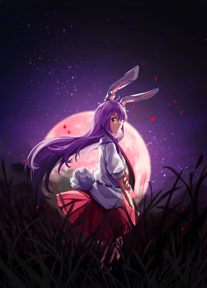 reisen udongein inaba, bunny ears, touhou, moon, plants, Anime, HD phone wallpaper